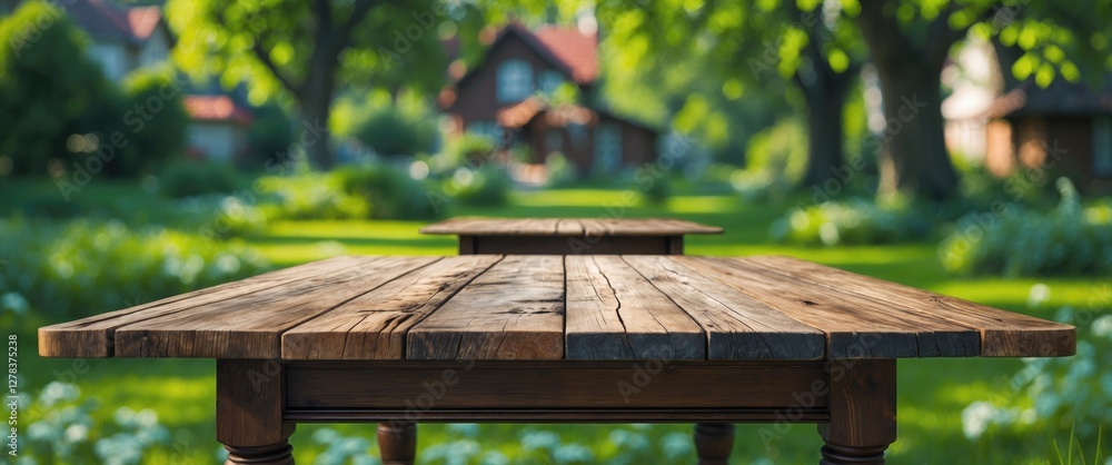 Poster wooden table in focus with blurred green garden background ideal for product display key visuals or 