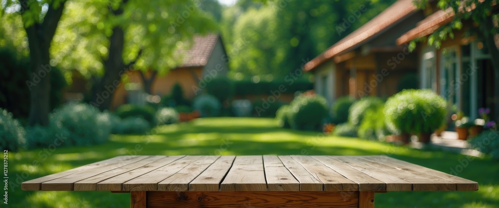 Aufkleber wooden tabletop in a blurred green garden setting ideal for product display or design mockup with am
