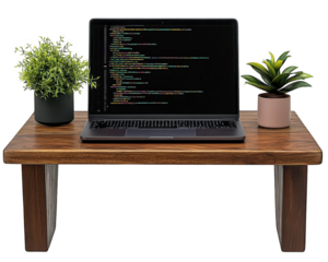 laptop on wooden desk displays JavaScript code, surrounded by green plants, creating modern workspace atmosphere