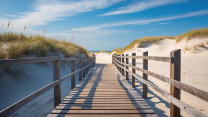 Serene Wooden Walkway Through Sandy Dunes Leading to Beach Under Bright Blue Sky with Copy Space for Text or Overlay.
