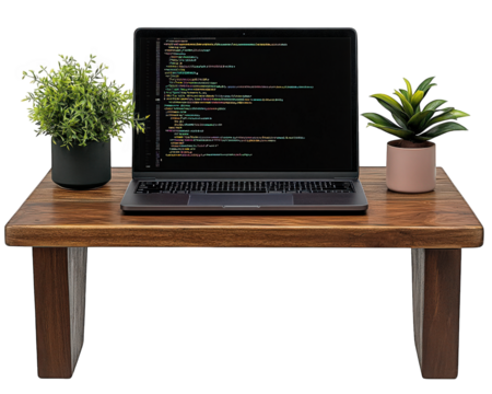 laptop on wooden desk displays JavaScript code, surrounded by green plants, creating modern workspace atmosphere