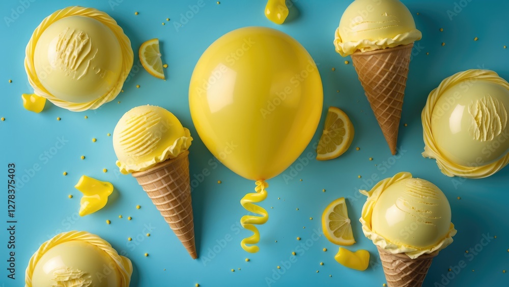 Poster yellow ice cream cones and balloon on colorful background with empty space for creative text or bran