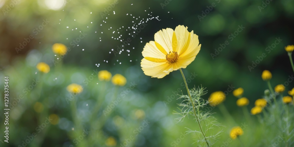 Aufkleber yellow cosmos flower in lush garden setting with soft focus and empty space for text overlay