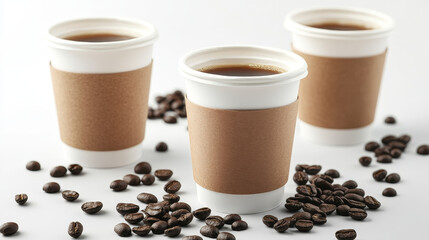 White paper cups for tea and coffee and foil zip lock bag with degassing valve. Vector realistic mockup of disposable mugs with plastic caps and brown holder for hot drinks and coffee pouch package