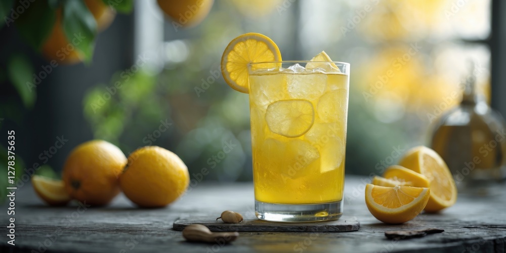 Poster refreshing citrus beverage garnished with lemon slices served in a glass with ice on a rustic wooden