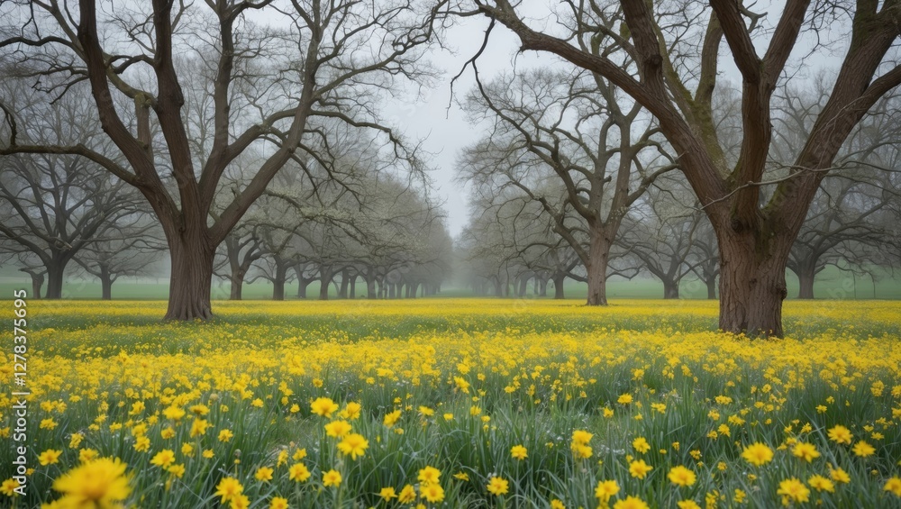 Poster spring meadow filled with yellow flowers framed by bare oak trees creating an inviting scene with ro