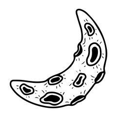 Moon crescent. Hand drawn doodle. Earth satellite. Space object. Moonstone. Universe. Celestial body. Astronomy. Meteorite. Vector line art illustration.