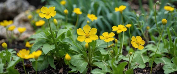 Vibrant Yellow Flowers In A Garden Setting Showcasing Common Purslane With Lush Green Foliage And Scenic Natural Background