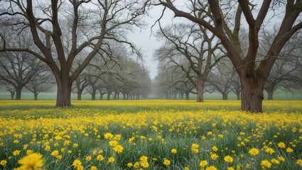 Spring Meadow Filled With Yellow Flowers Framed By Bare Oak Trees Creating An Inviting Scene With Room For Text Overlay