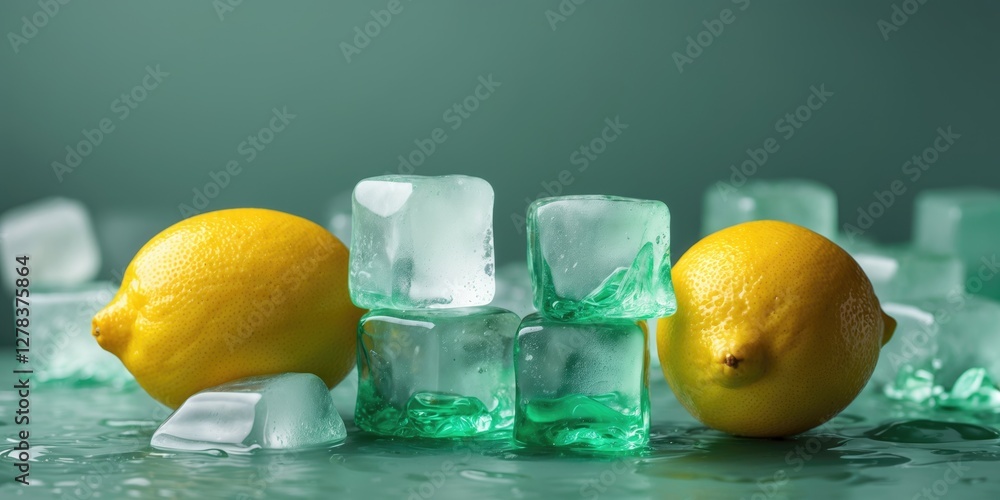 Poster fresh lemons and green ice cubes on a reflective surface with ample space for text or branding highl