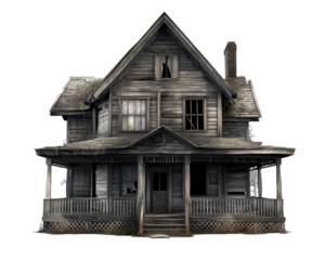 haunted wooden house with broken windows and creaky porch evokes sense of mystery and eeriness. dilapidated structure stands as testament to time and neglect