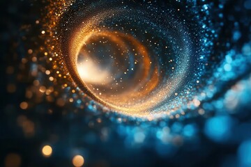 dynamic swirling nebula of blue and gold particles, creating cosmic vortex pattern with ethereal light streams and motion blur