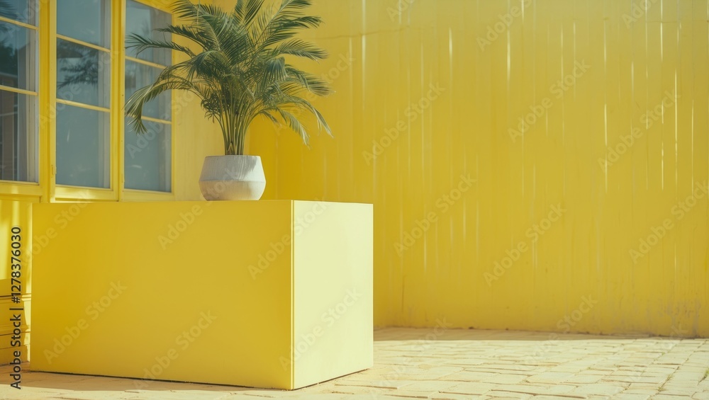 Poster minimalist yellow podium shelf with a potted plant against a vivid yellow background, creating a bri