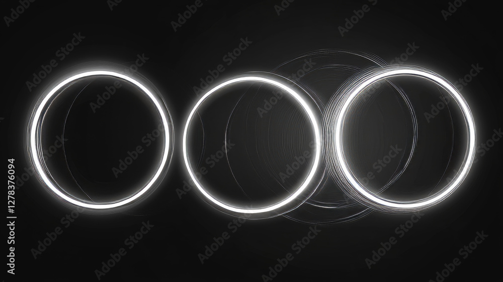 Poster neon ring set - glowing white circular frames with varying lined patterns. luminous geometric shapes