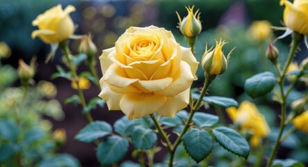 Closeup of Vibrant Yellow Rose Bloom in a Garden Surrounded by Budding Roses and Lush Green Foliage