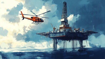 Helicopter flying over an offshore oil rig in stormy sea.