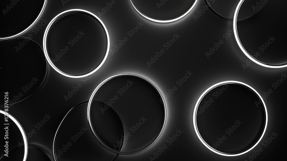 Poster neon ring set - glowing white circular frames with varying lined patterns. luminous geometric shapes