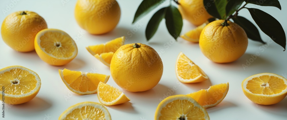 Aufkleber fresh yellow yuzu oranges and slices displayed on white background with green leaves and space for t