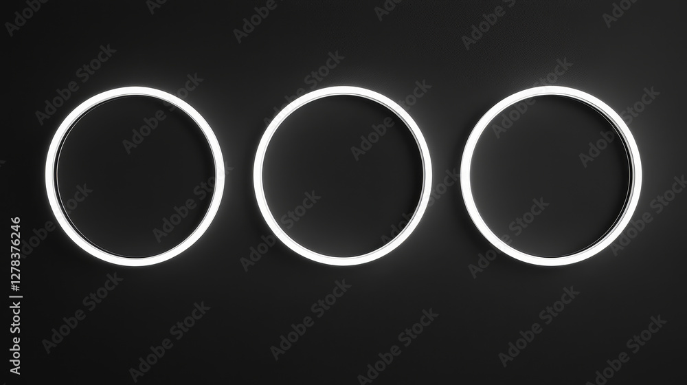 Poster neon ring set - glowing white circular frames with varying lined patterns. luminous geometric shapes