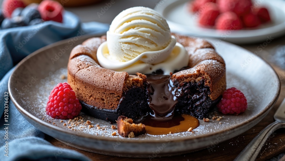 Wall mural Decadent molten chocolate lava cake served with vanilla ice cream and fresh raspberries on a rustic plate. A delicious dessert experience.