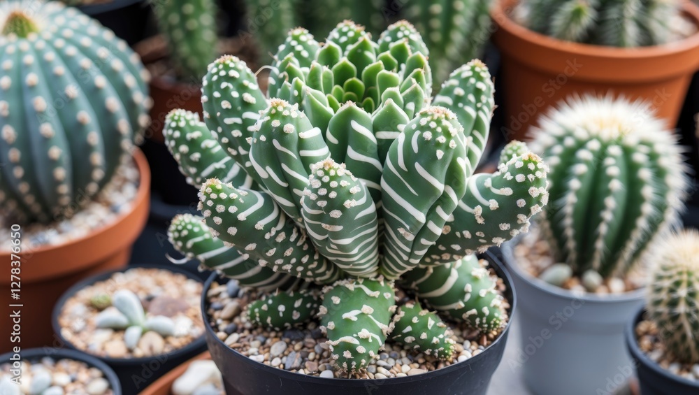 Poster haworthia fasciata succulent with striped leaves displayed in pots surrounded by various cacti in a 
