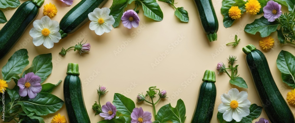Poster fresh zucchinis surrounded by colorful flowers and leaves with blank space for custom text or design