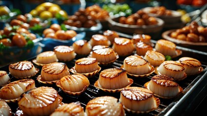 Grilled scallops displayed at a market showcasing fresh seafood in a vibrant culinary setting with colorful fruits and vegetables.