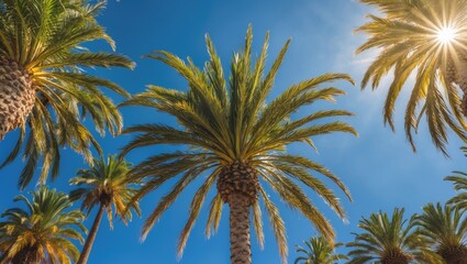 Obraz premium Tropical Yucca Palm Trees Under Bright Summer Sunlight With Clear Blue Skies And Space For Text Or Design Elements