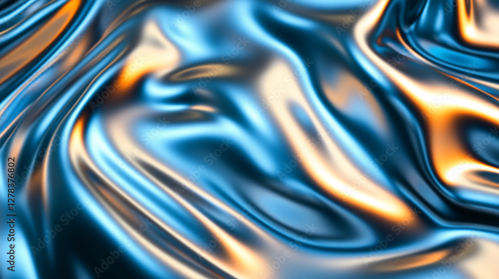 Poster Abstract metallic fluid with blue and orange swirls, creating a dynamic and elegant design, symbolizing movement and modern aesthetics