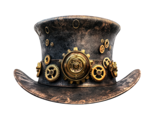 Steampunk inspired party hat featuring intricate gears and brass accents, perfect for themed events or costume parties. unique accessory that adds touch of creativity and style