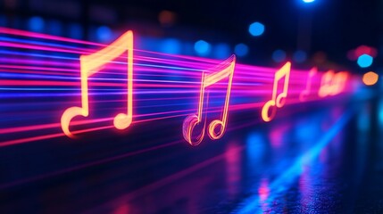 Neon Musical Notes Streaking Through a Cyberpunk Nightscape