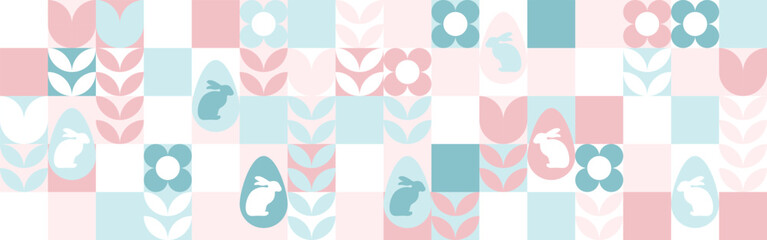 Seamless background with flowers for the spring holiday of Easter with a texture of circles and squares. Wallpaper mosaic with geometric shapes, pastel background with eggs and hares.