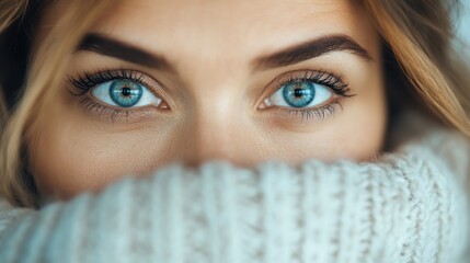 Woman in a dark room, gripped by fear while hiding her gaze