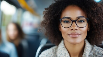 Young stylish woman enjoys a bus ride through the city on a bright day