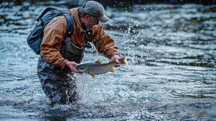 A fisherman wades in the water to catch a large fish. The scene captures the essence of outdoor adventure and connection with nature. Experience the beauty of fishing. Generative AI