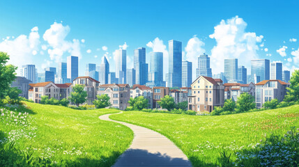 Obraz premium City skyline, summer urban view background with skyscrapers, green lawn and pathway. Summertime cityscape. downtown with architecture with residential buildings panorama, Cartoon vector illustration