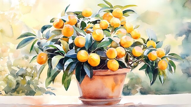 A lively watercolor concept of a potted loquat tree, clusters of yellow fruits, bright daylight, cheerful garden ambiance 