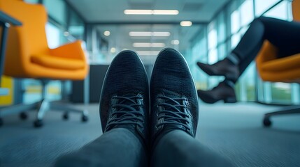 Close up view of a candidate s shoes tapping lightly under the desk during an office interview setting