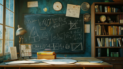 Mathematics classroom interior, empty school class with teacher table, computer, blackboard with algebraic equations, cupboard with textbooks, posters, maths studying room, Cartoon vector illustration