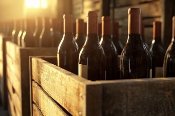 Neatly arranged wooden crates filled with freshly bottled wine in a dimly lit cellar