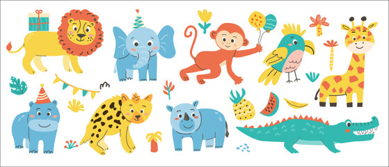 Colorful cartoon animal party scene with jungle animals and balloons.