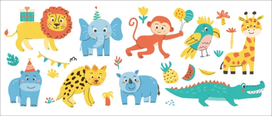 Fototapete Colorful cartoon animal party scene with jungle animals and balloons. © ZhumaStudio