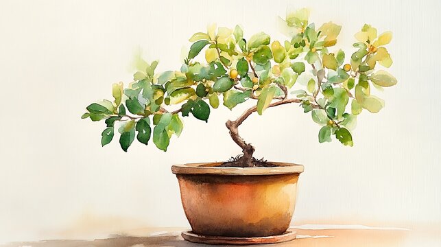A relaxed watercolor portrayal of a dwarf mulberry tree in a round pot, subtle leaf pattern, small budding fruits, warm glow 