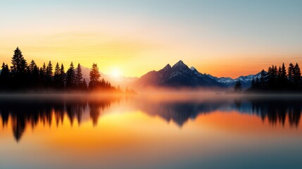 Fototapeta premium Serenity unfolds at sunset over a tranquil lake and majestic mountains