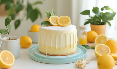 Lemon Cheesecake Dessert Photography A Yellow Citrus Cake on a Light Blue Stand