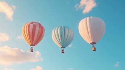 Fototapeta premium Three Colorful Hot Air Balloons Floating Gracefully Against a Bright Blue Sky