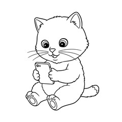 Obraz premium cat using a smartphone, ready for coloring. coloring Page for kids