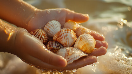 Close-up of a child's hands holding seashells with water droplets, symbolizing beach life, nature, and the beauty of the ocean, captured during the golden hour by the sea.