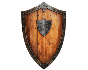 wooden and iron medieval shield featuring central heraldic emblem, showcasing craftsmanship and historical significance. Perfect for themed decor or reenactments
