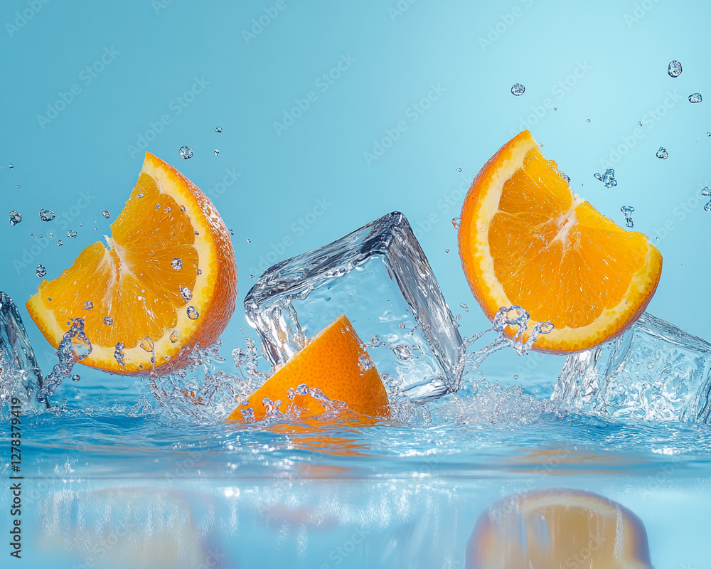 Poster orange slices and ice cubes splashing in water, creating a refreshing scene with bright colors, symb